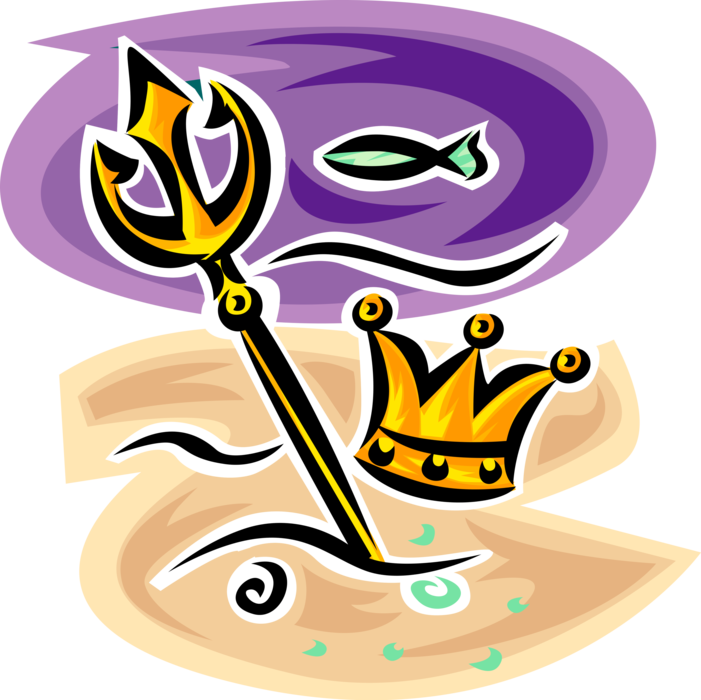Vector Illustration of Trident of Poseidon Three-Pronged Spear and Royal Monarch Gold Crown on Ocean Floor Seabed