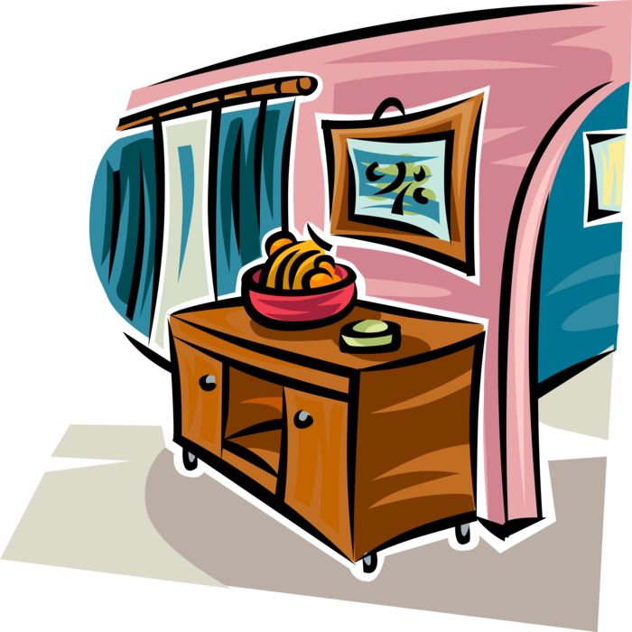 Vector Illustration of Home Curio Cabinet Furniture with Bowl of Fruit