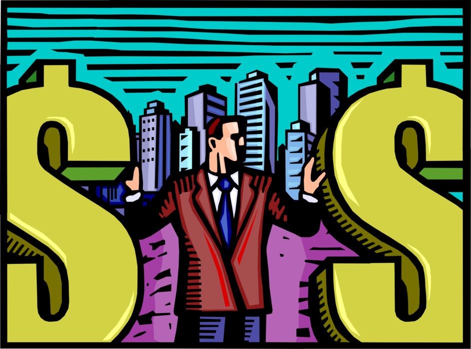 Vector Illustration of Successful Businessman Stands Between Financial Cash Money Dollar Symbols