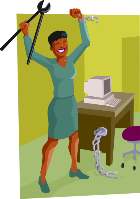 Vector Illustration of Businesswoman Cuts Chains at Office Desk