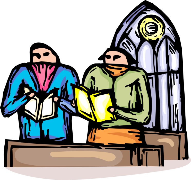 Vector Illustration of Christian Religion Church Parishioners in Pew with Prayer Books in Religious Service