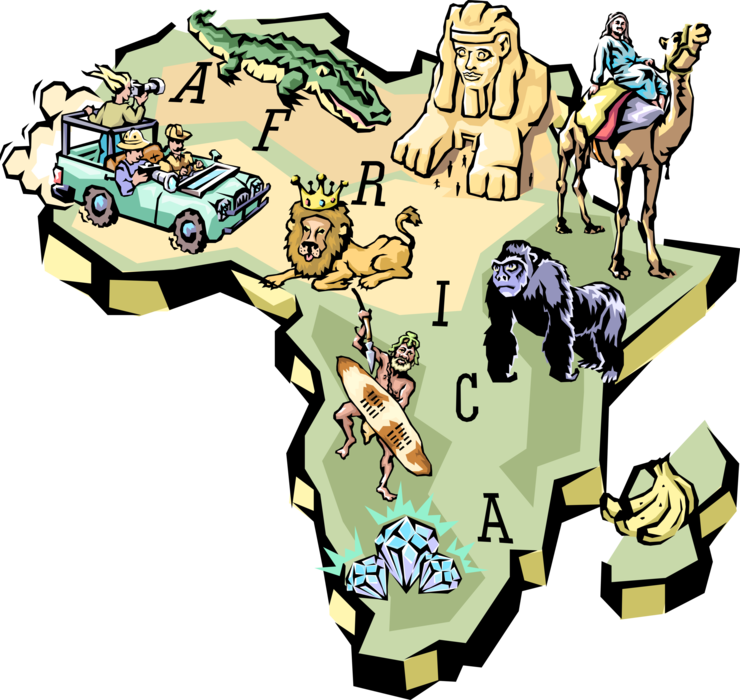 Vector Illustration of Continent of Africa Vignette with African Infographic Popular Tourism Icons