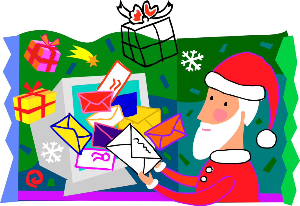 Vector Illustration of Santa Claus Receives Christmas Email Letters to Santa