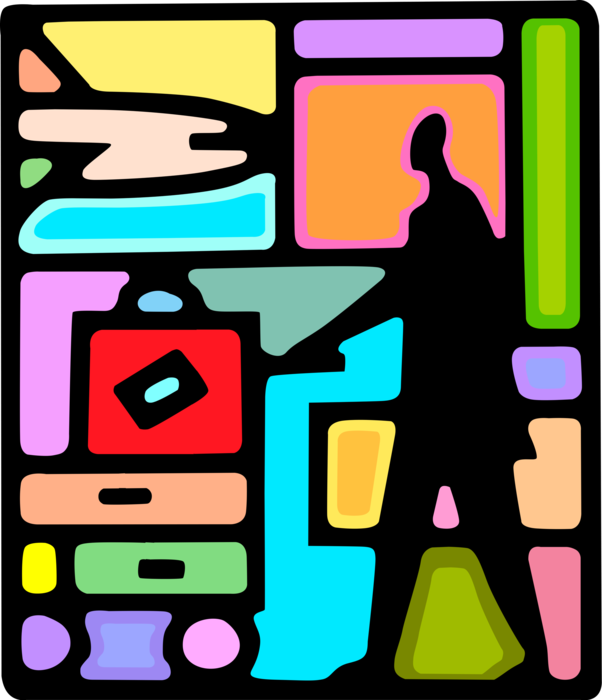 Vector Illustration of Airline Travel Passenger with Luggage on Baggage Handcart in Airport Terminal
