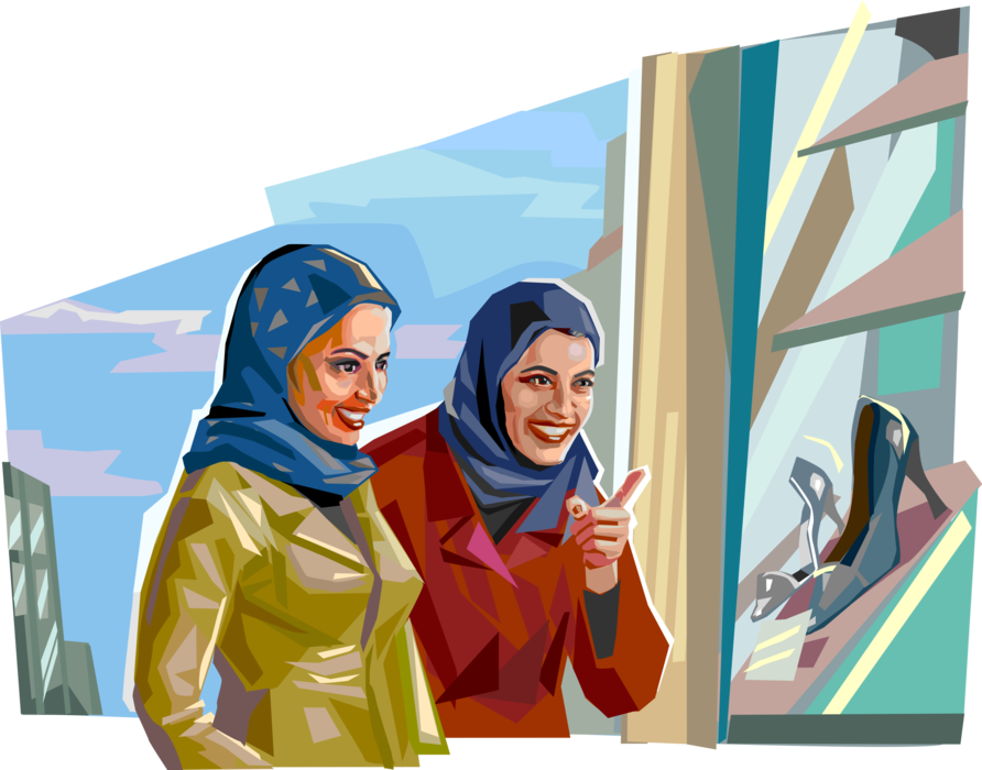 Vector Illustration of Middle Eastern Islamic Muslim Arab Women in Hijabs on Shopping for Shoes