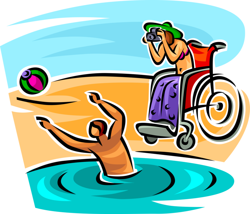 Vector Illustration of Friends Play at Beach with Handicapped or Disabled Wheelchair