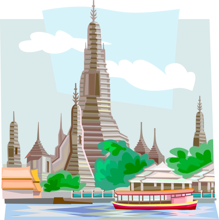 Vector Illustration of Wat Arun Buddhist Temple Named after Hindu God Aruna, Bangkok, Thailand