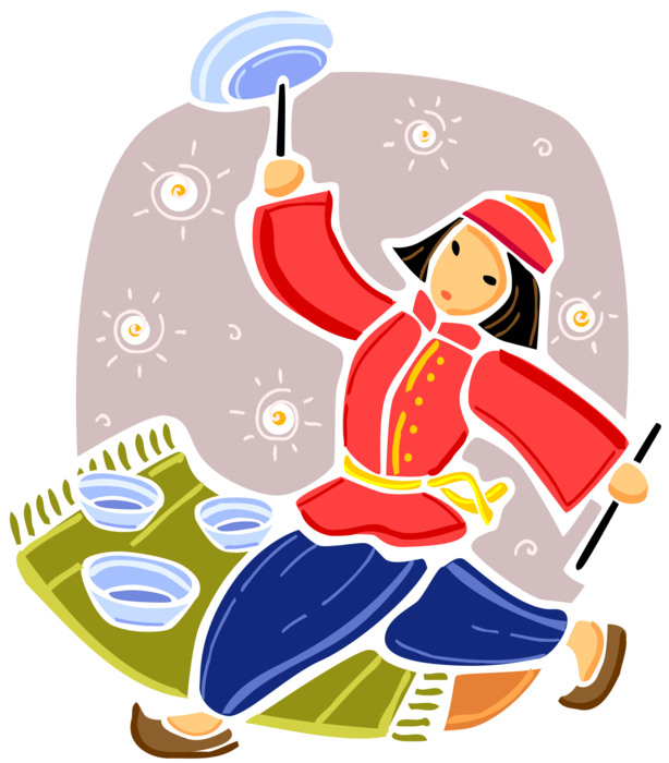 Vector Illustration of Chinese Acrobatic Plate Spinner Performs with Spinning Plates