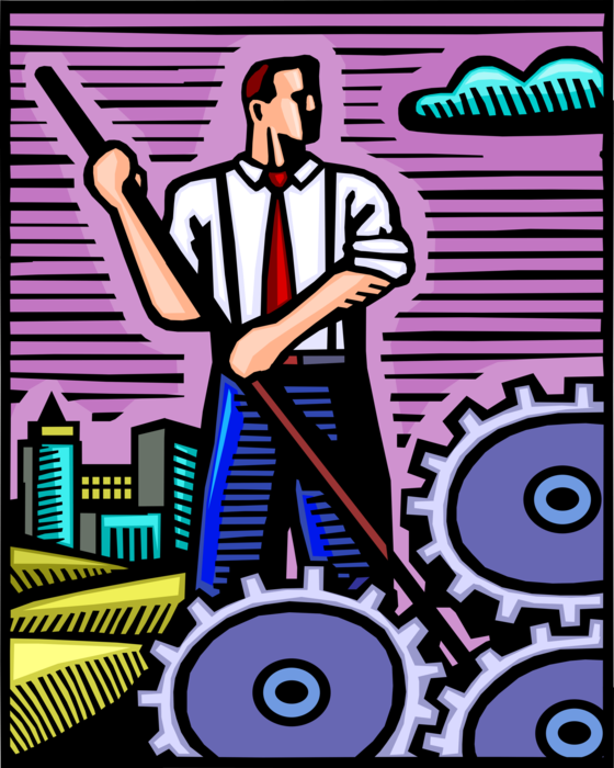 Vector Illustration of Businessman Industrialist Halts Cogwheel Rotating Gears of Industry and Production