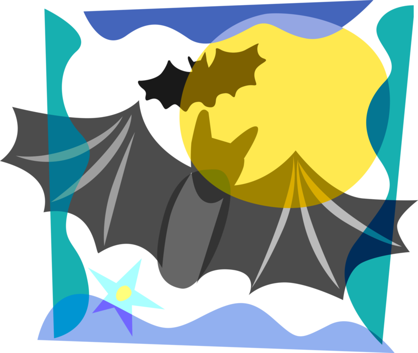 Vector Illustration of Scary Halloween Vampire Bats Flying with Full Moon at Night