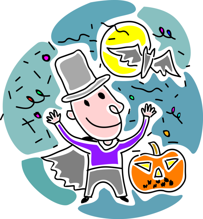 Vector Illustration of Halloween Vampire Count Dracula in Costume with Jack-o'-lantern Carved Pumpkin and Flying Bat