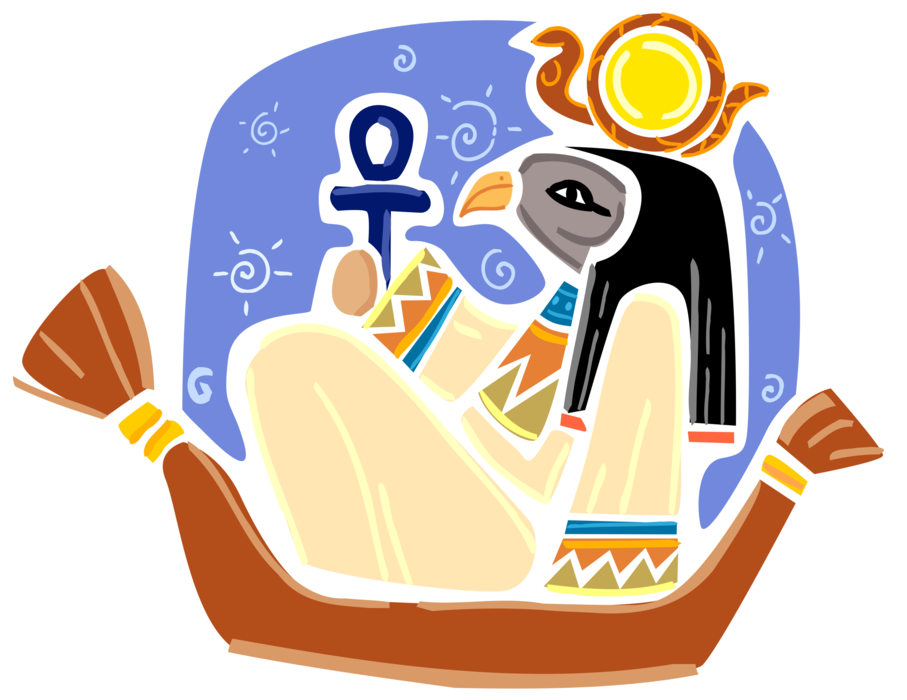 Vector Illustration of Horus Ancient Egyptian Deity God with Falcon Head Rides in Seth's in Boat with Ankh Key of Life