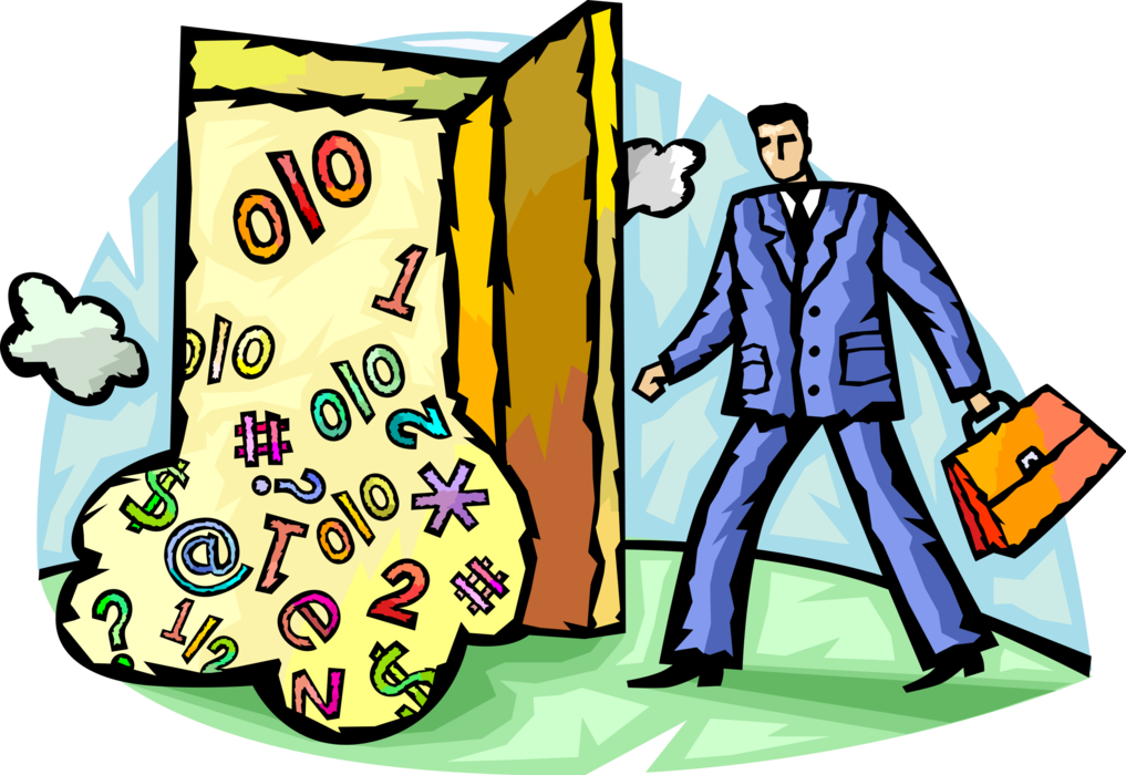 Vector Illustration of Businessman Opens Doorway and is Inundated with Data Overload