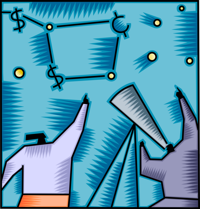 Vector Illustration of Businessman Forecasts Financial Success with Telescope and Currency Big Dipper
