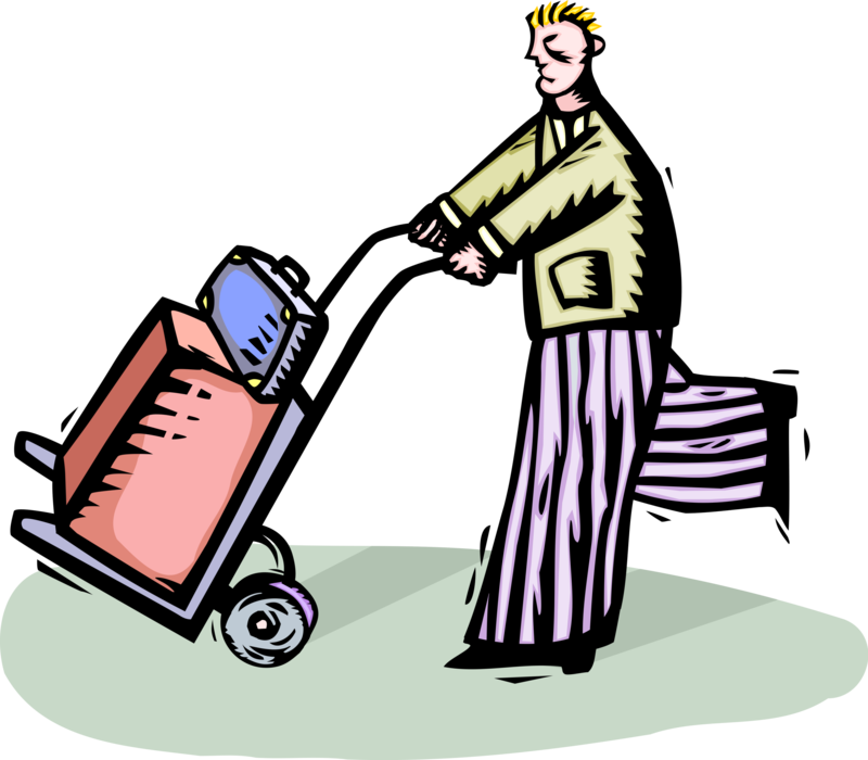 Vector Illustration of World Traveler Pushes Luggage on Airport Baggage Cart