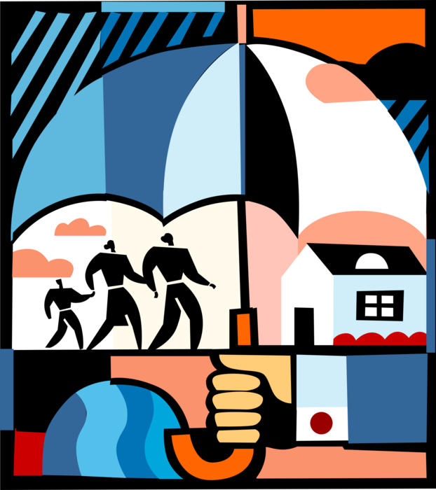 Vector Illustration of Insurance Coverage with Family and Umbrella or Parasol Rain Protection