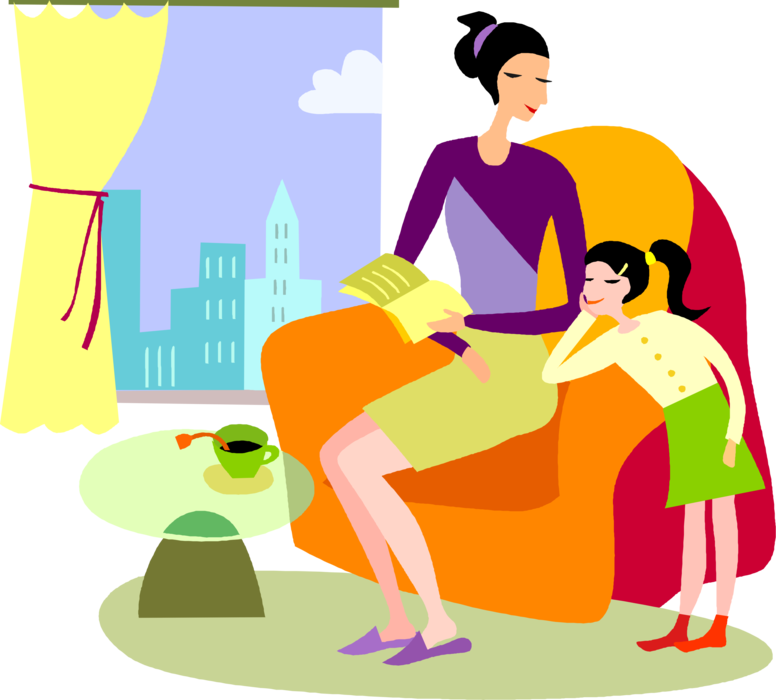 Vector Illustration of Mother and Daughter Read Storybook Book in Family Home