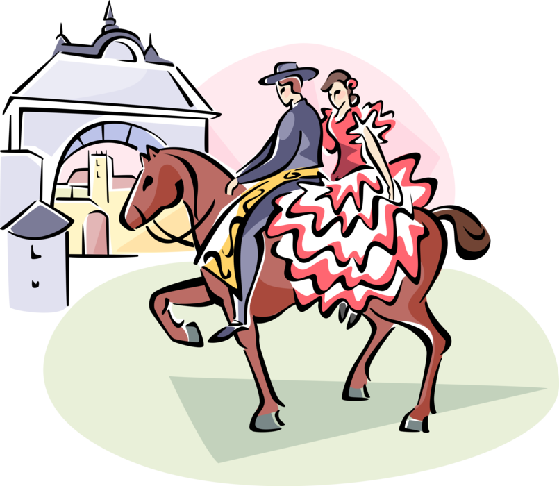 Vector Illustration of Seville April Fair with Horse and Traditional Flamenco-Style Dress, Seville, Spain
