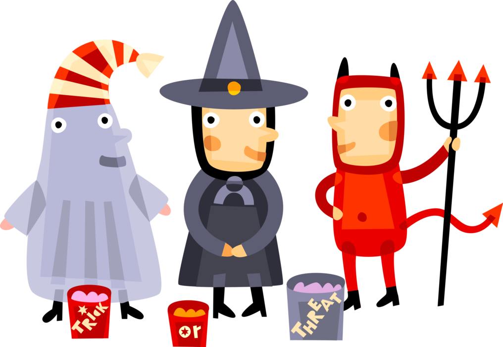 Vector Illustration of Halloween Trick or Treaters in Costumes
