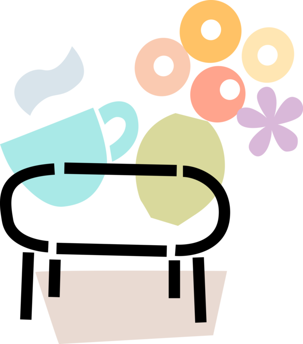 Vector Illustration of Coffee Table with Flowers in Vase, and Cup of Coffee