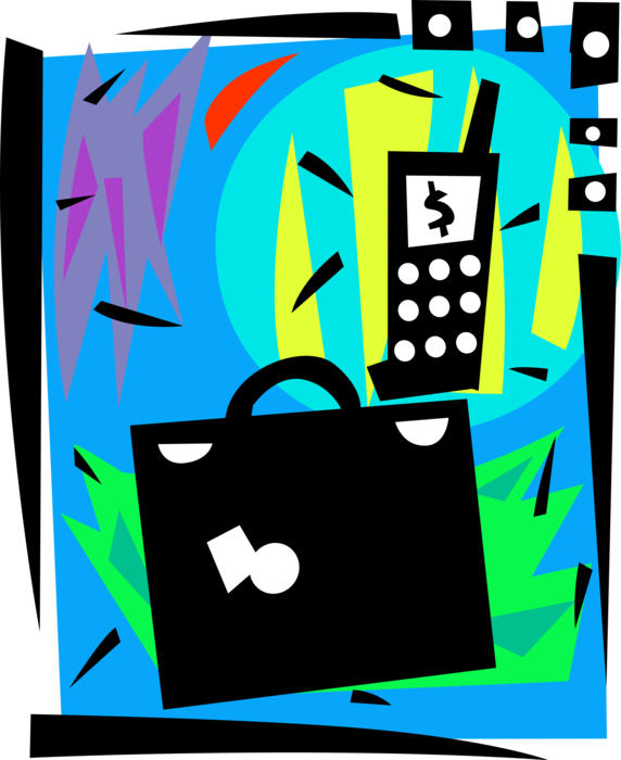 Vector Illustration of Briefcase or Attaché Portfolio Case Carries Documents with Mobile Cell Phone Telephone