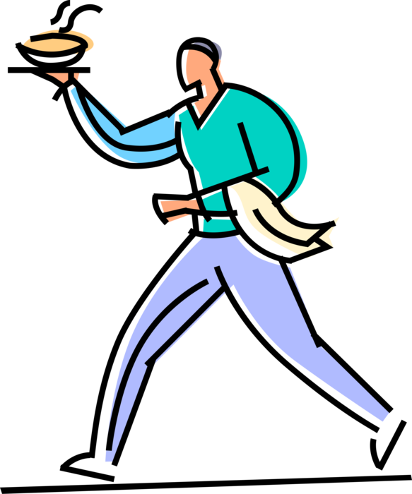 Vector Illustration of Culinary Cuisine Restaurant Waiter Serves Hot Food to Guest Customer