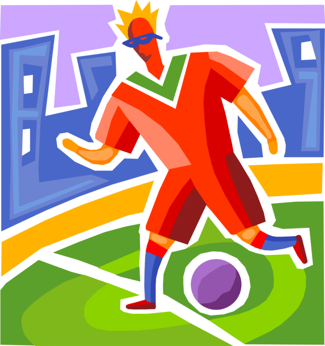 Vector Illustration of Football Soccer Player Kicks Ball on Pitch Field During Match