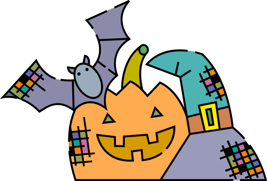 Vector Illustration of Halloween Jack-o'-Lantern Carved Pumpkin with Vampire Bat and Witch's Hat