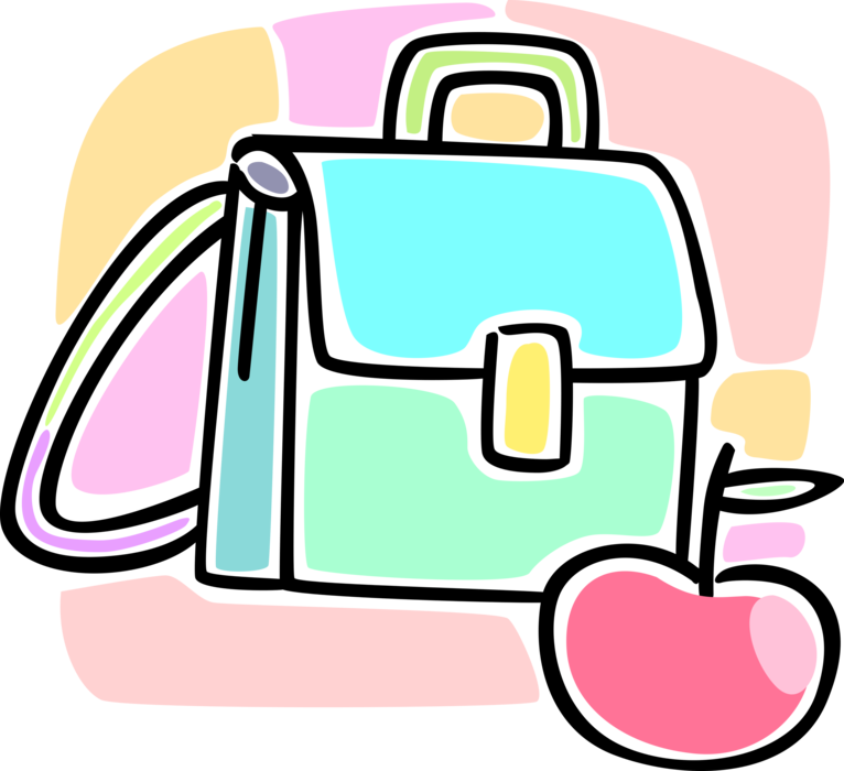Vector Illustration of Student's School Backpack Knapsack Schoolbag and Red Apple for Teacher