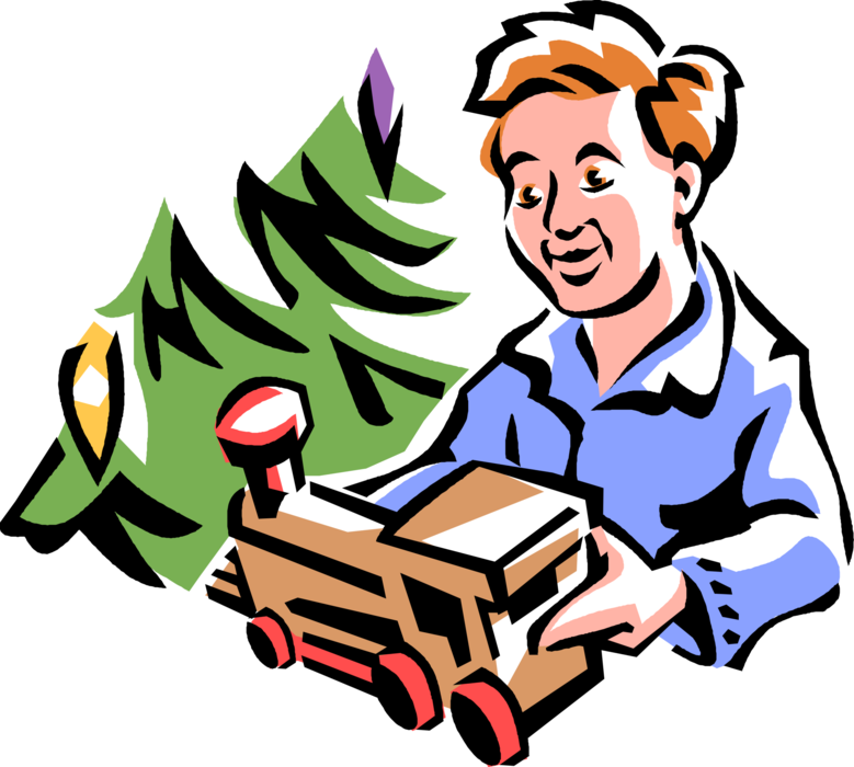 Vector Illustration of Boy Receives New Toy Train on Christmas Morning