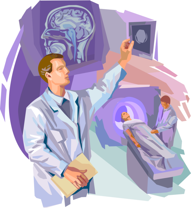Vector Illustration of Medical Technician Performs CT Scan X-Ray Computed Tomography