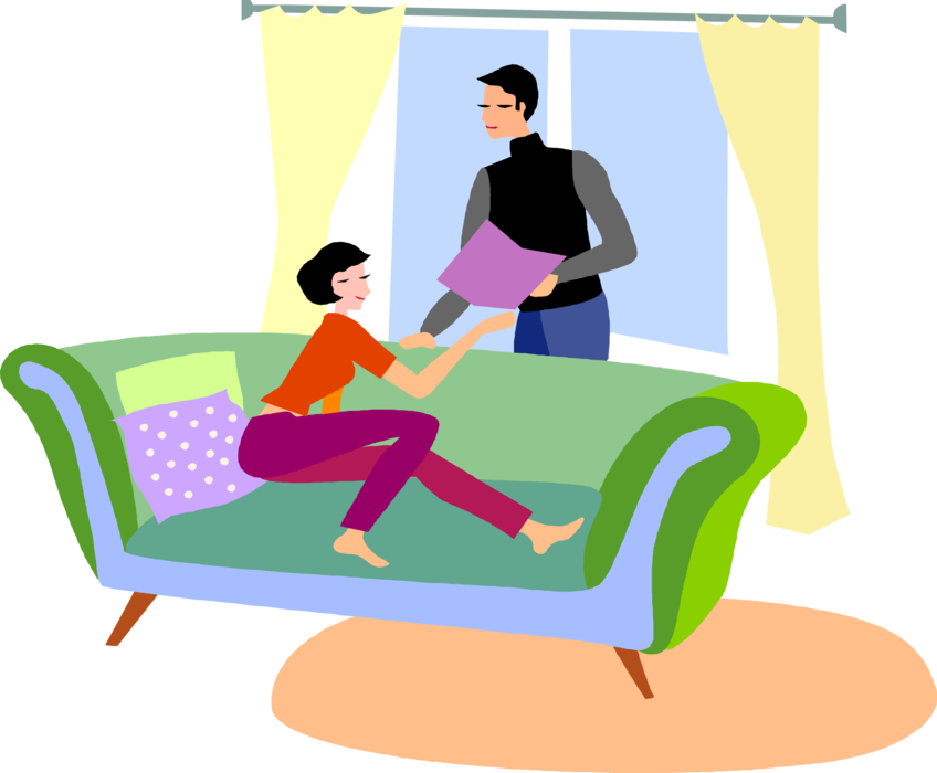 Vector Illustration of Romantic Couples Enjoy Relaxing at Home with Livingroom Sofa Couch