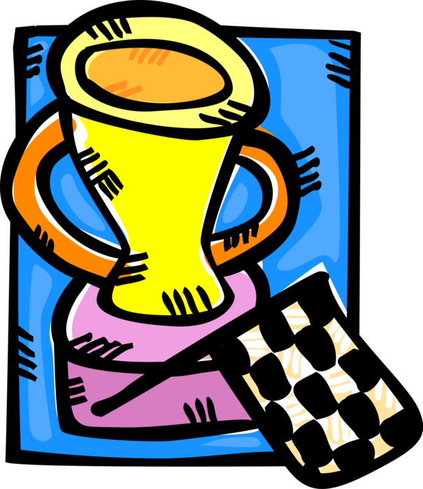 Vector Illustration of Auto Racing Winner's Trophy and Checkered or Chequered Flag at Finish Line