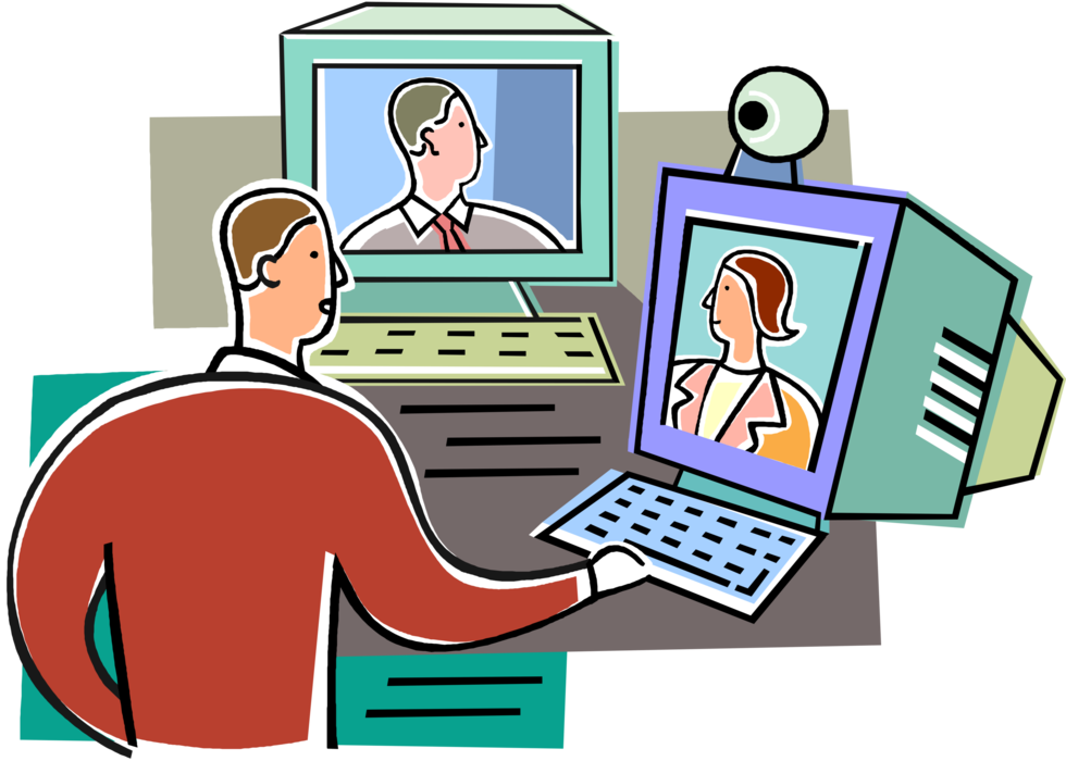 Vector Illustration of Desktop Computer Webcam Camera Enables Direct Video Conference Meetings Between Remote Locations