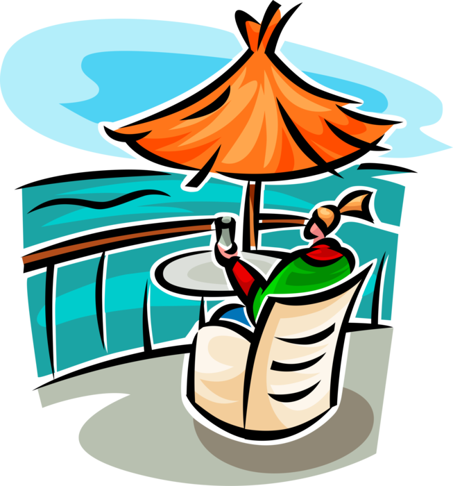 Vector Illustration of Relaxing While Sitting in Chair on Balcony with Cocktail Beverage and Ocean View 