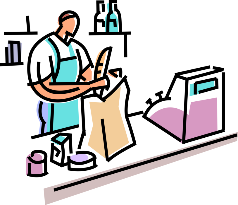 Vector Illustration of Supermarket Grocery Store Grocer Packs Food in Shopping Bag at Checkout Counter Cash Register
