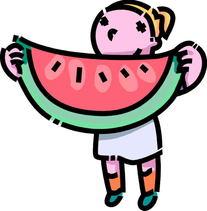 Vector Illustration of Primary or Elementary School Student Girl Eats Slice of Watermelon Fruit