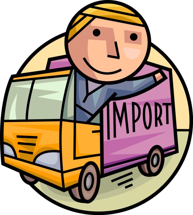 Vector Illustration of Businessman Importer Imports Goods Across National Border in Delivery Cargo Van Transport Truck Vehicle
