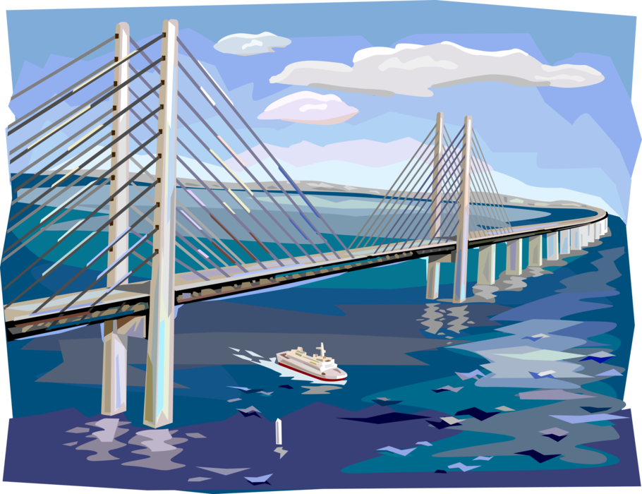 Vector Illustration of Oresund Combined Railway and Motorway Bridge Connecting Sweden and Denmark