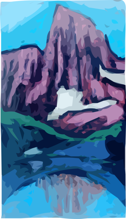 Vector Illustration of Scenic Mountain Peak with Lake and Country Meadow