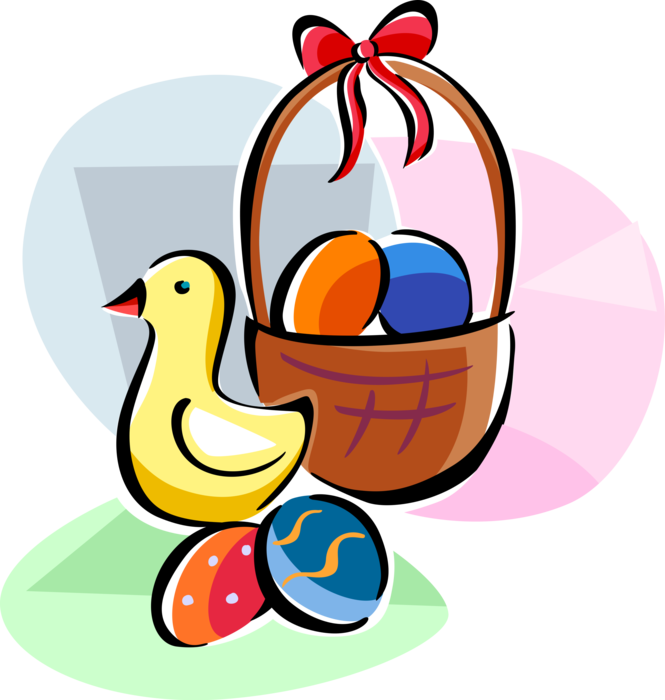 Vector Illustration of Easter Baby Yellow Chick Bird with Decorated Colored Easter Eggs