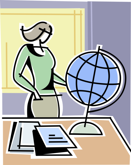 Vector Illustration of Teacher in School Classroom with Geography Scale Model Terrestrial Geographical World Globe