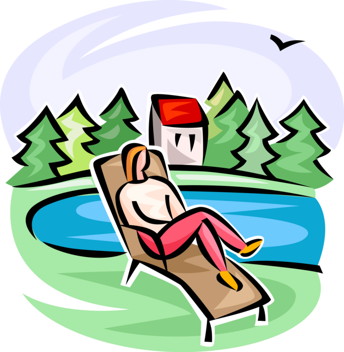 Vector Illustration of Enjoying Vacation Holiday on Lawn Chair Lounge in Outdoor Wilderness with Lake and Trees