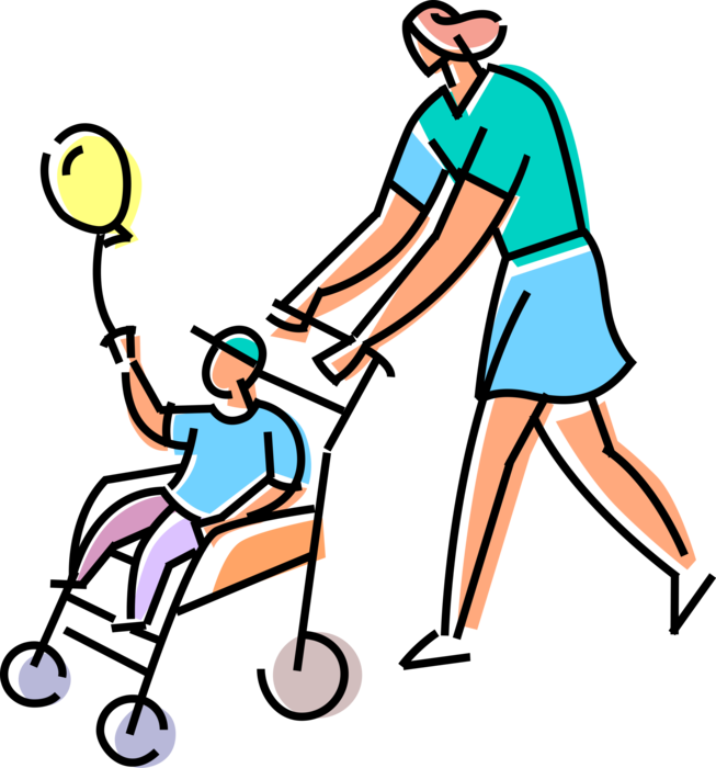 Vector Illustration of Mother Pushes Young Toddler Son with Balloon in Pram Stroller