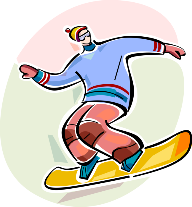Vector Illustration of Snowboarder Snowboarding Down Mountain Slopes in Winter on Snowboard