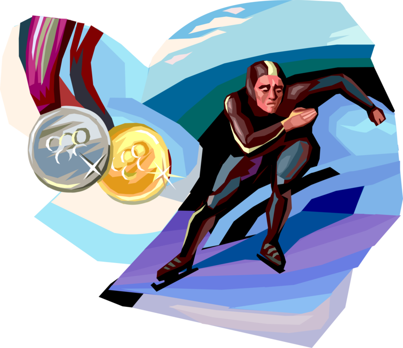 Vector Illustration of Olympic Speed Skater Skating on Ice in Skates During Race Competition