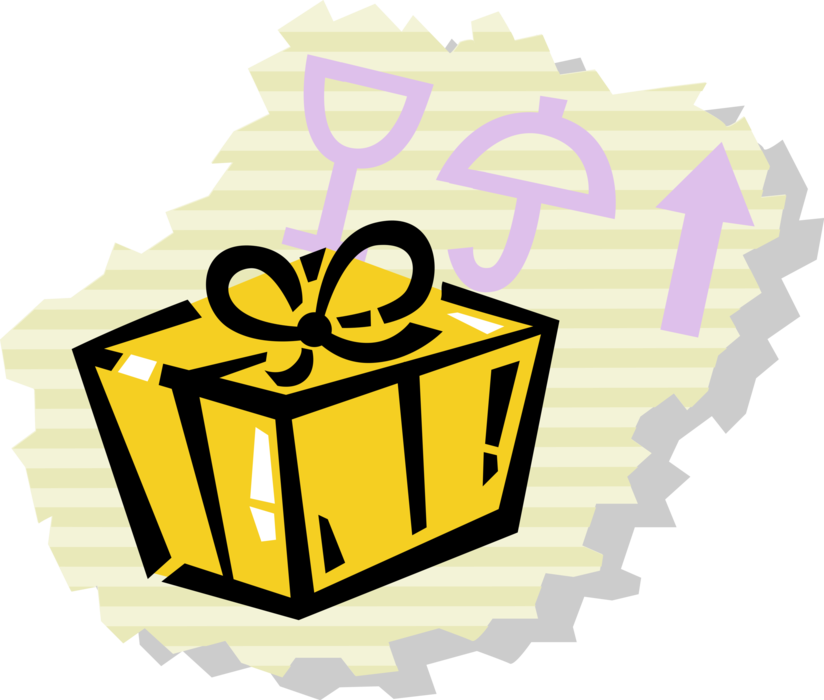 Vector Illustration of Gift Present with Ribbon Bow Delivered by Courier as Fragile Box Shipment