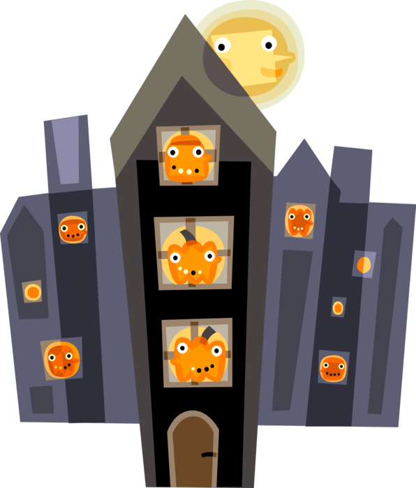 Vector Illustration of Halloween Haunted House with Halloween Jack-o'-lantern Carved Pumpkins
