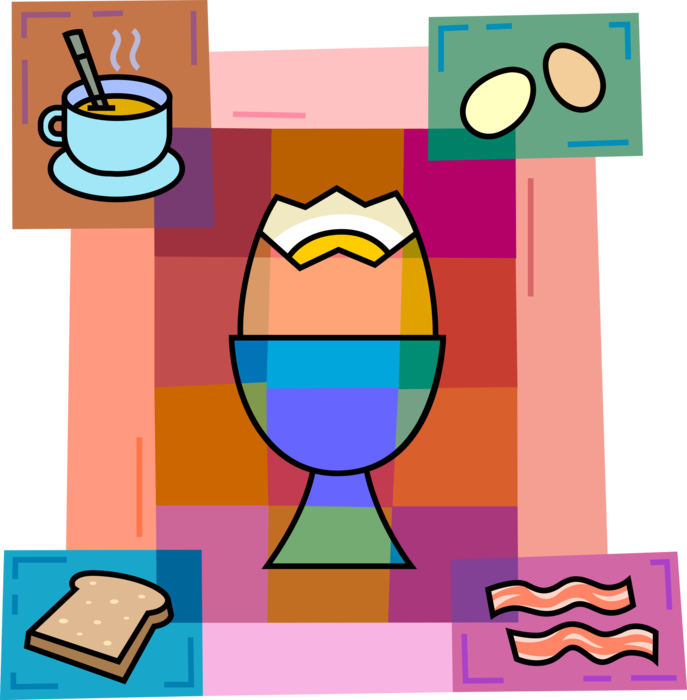 Vector Illustration of Breakfast Soft Boiled Egg, Bacon, Toast and Cup of Coffee