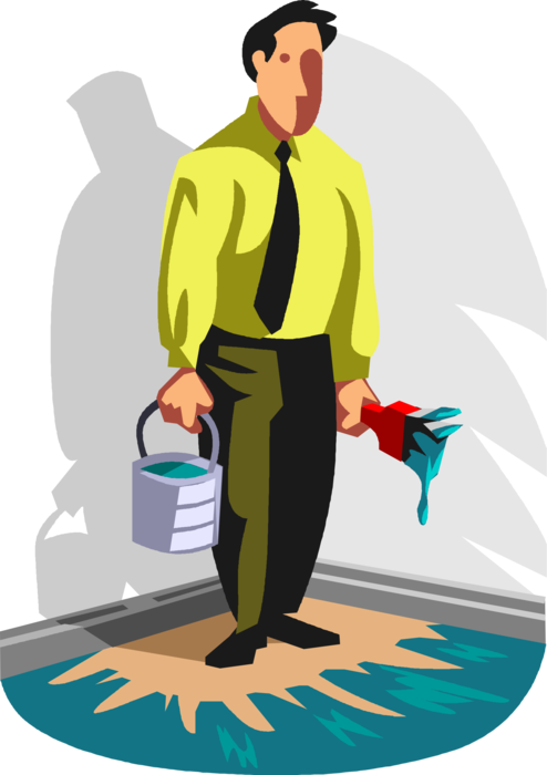 Vector Illustration of Businessman Paints Himself into Corner with Paintbrush and Paint Can